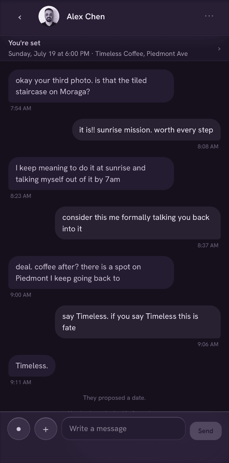 An accepted date proposal in a conversation thread, its countdown replaced by a calendar chip.